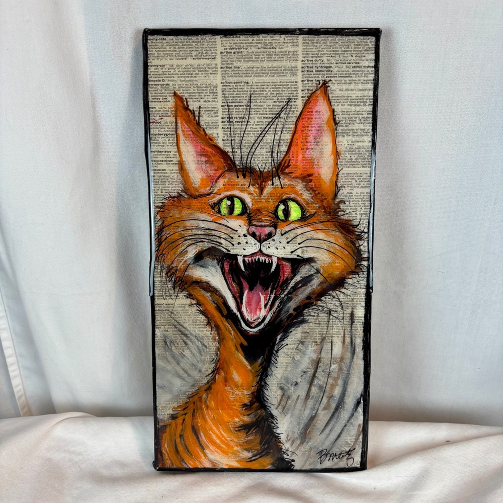 Mad Cat‎ Mixed Media Cat Painting on Dictionary Page Orange Tabby 8x16